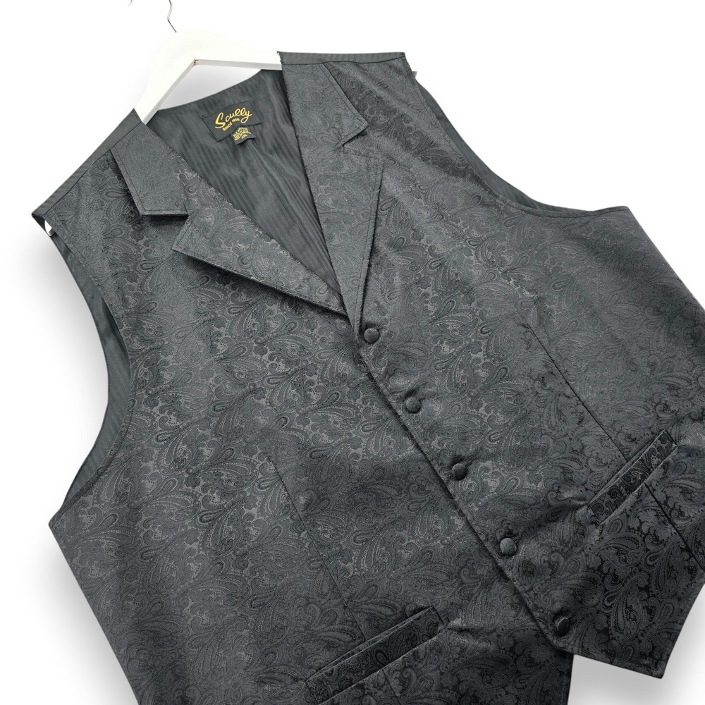 Scully Mens XXL Black Paisley Western Vest Formal Notched Lapel Polyester Cinch